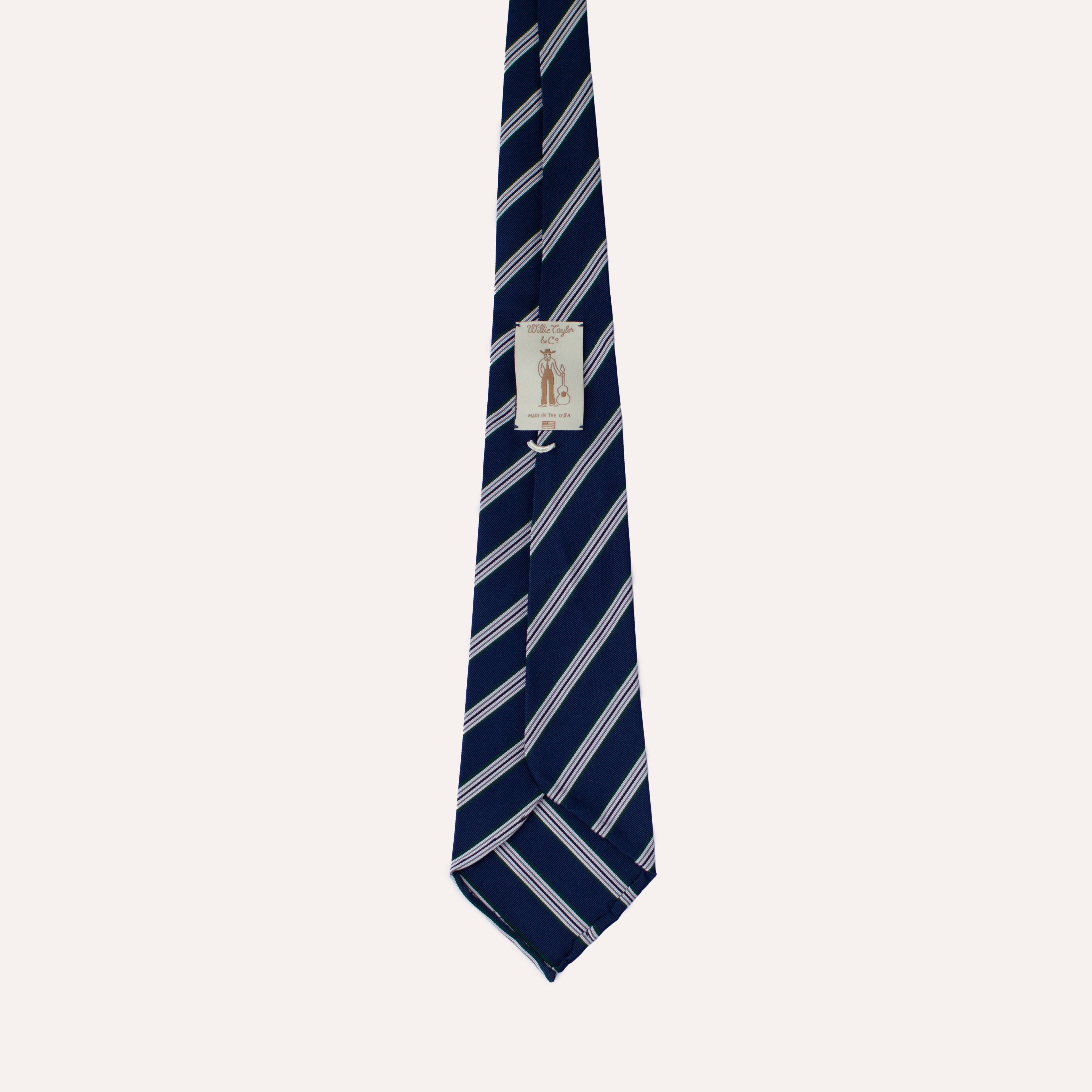 Corbata de seda Mogador enrollada a mano con rayas azules, blancas y verdes