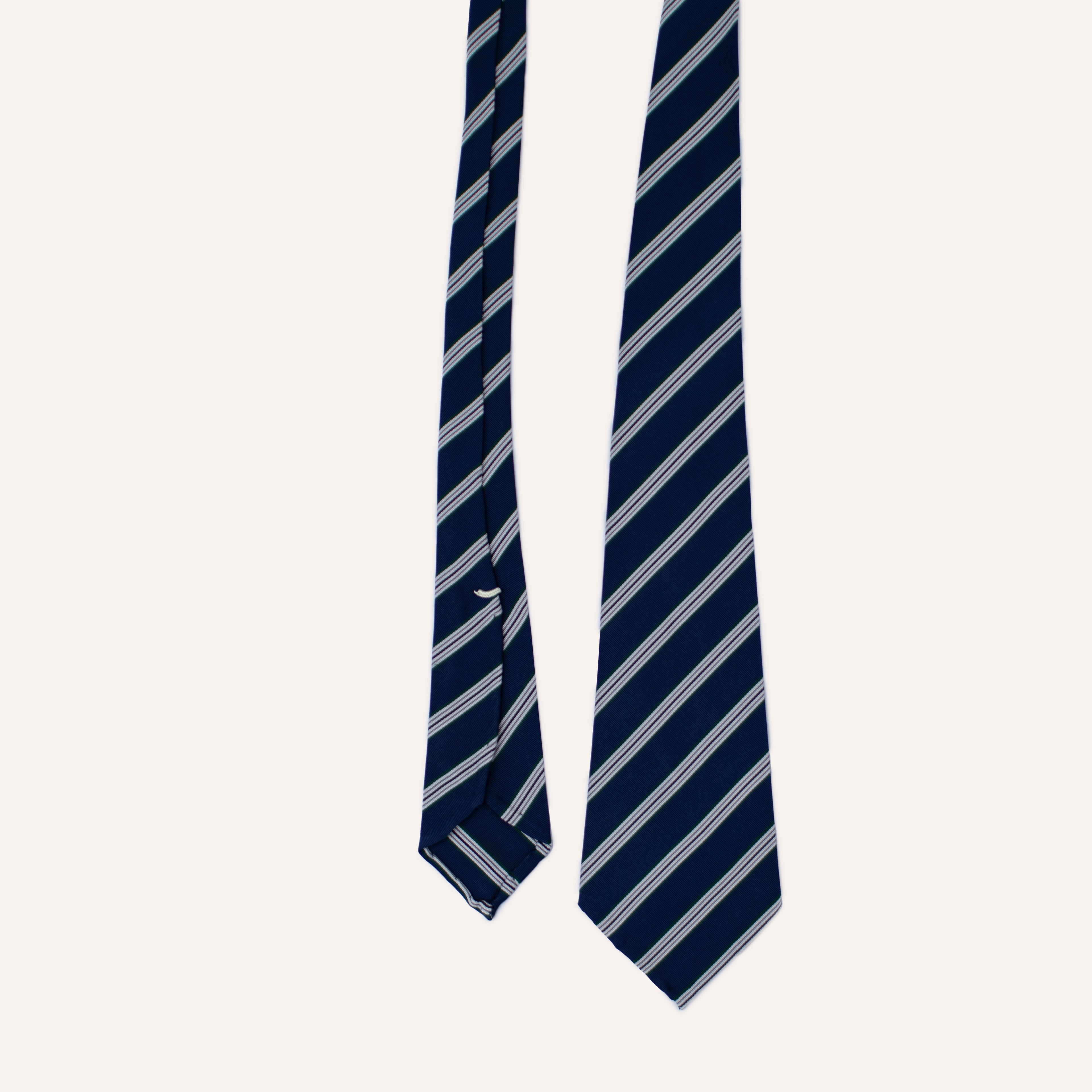 Corbata de seda Mogador enrollada a mano con rayas azules, blancas y verdes