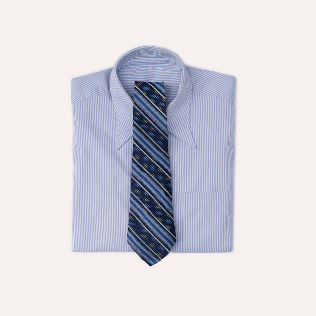 Blue, White, Multi Stripe Hand Rolled Silk Necktie