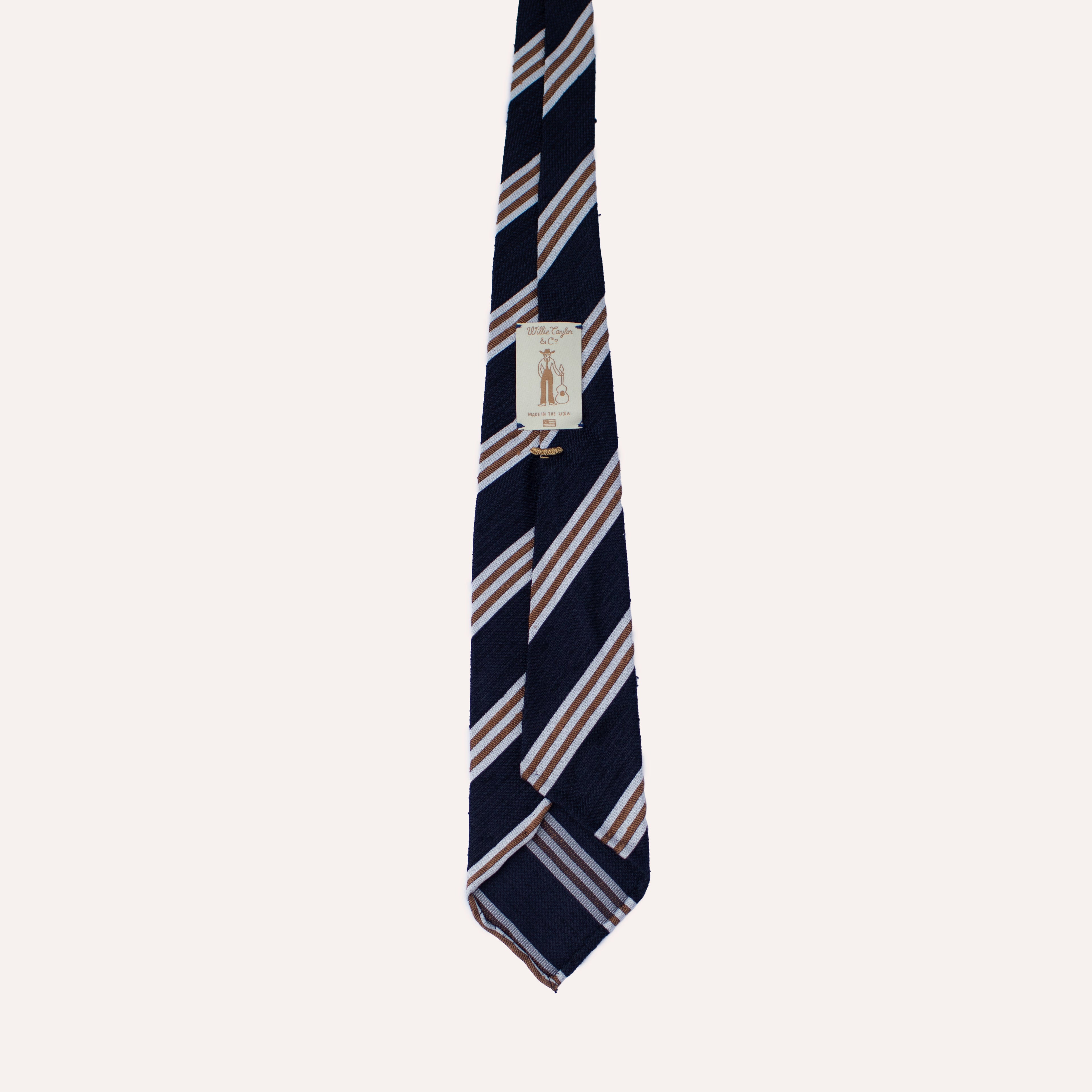 Corbata de seda Shantung laminada a mano con rayas azules, doradas y blancas