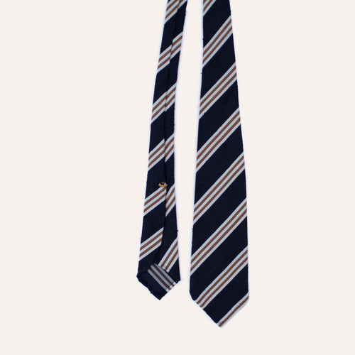 Corbata de seda Shantung laminada a mano con rayas azules, doradas y blancas