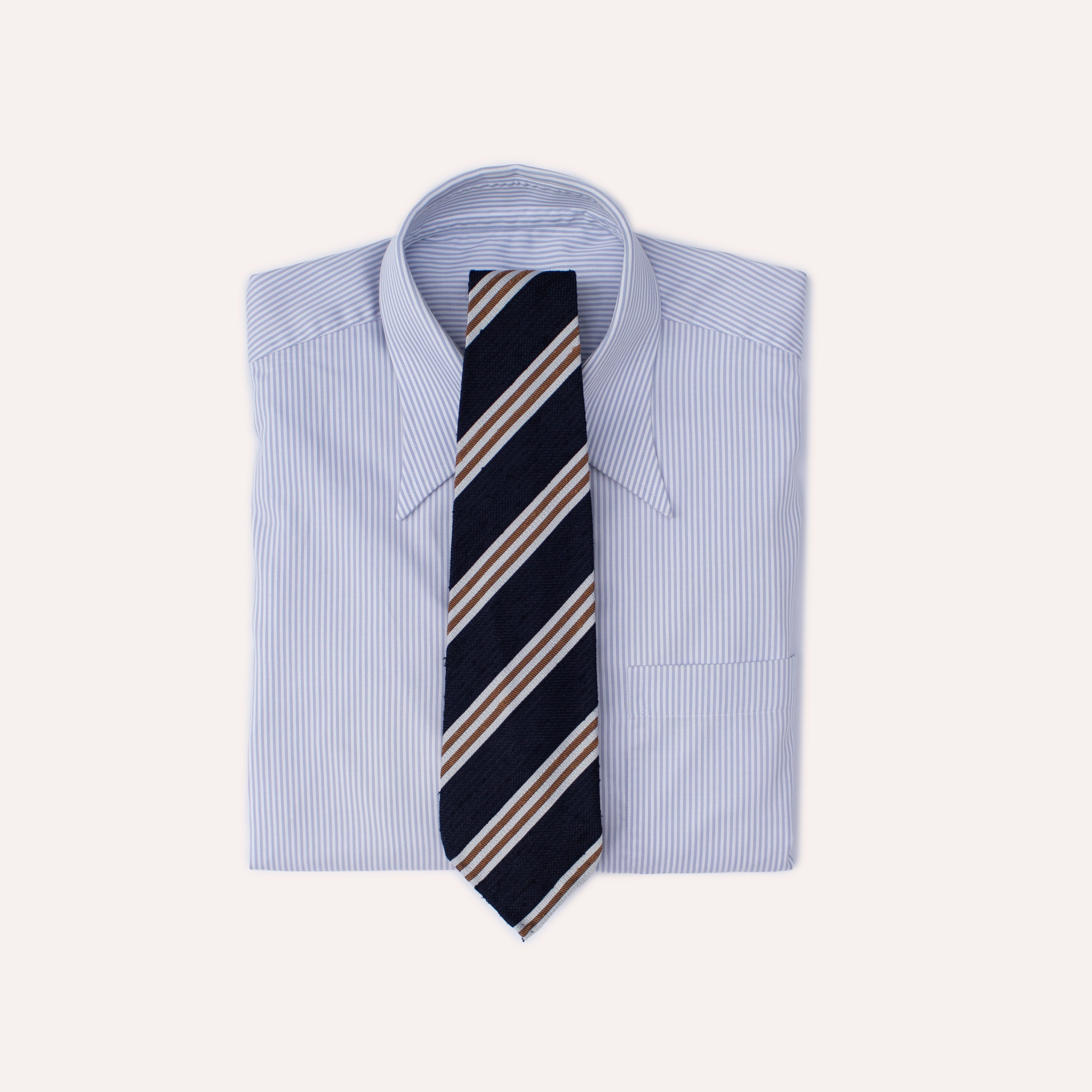 Blue, Gold, White Stripe Hand Rolled Shantung Silk Necktie