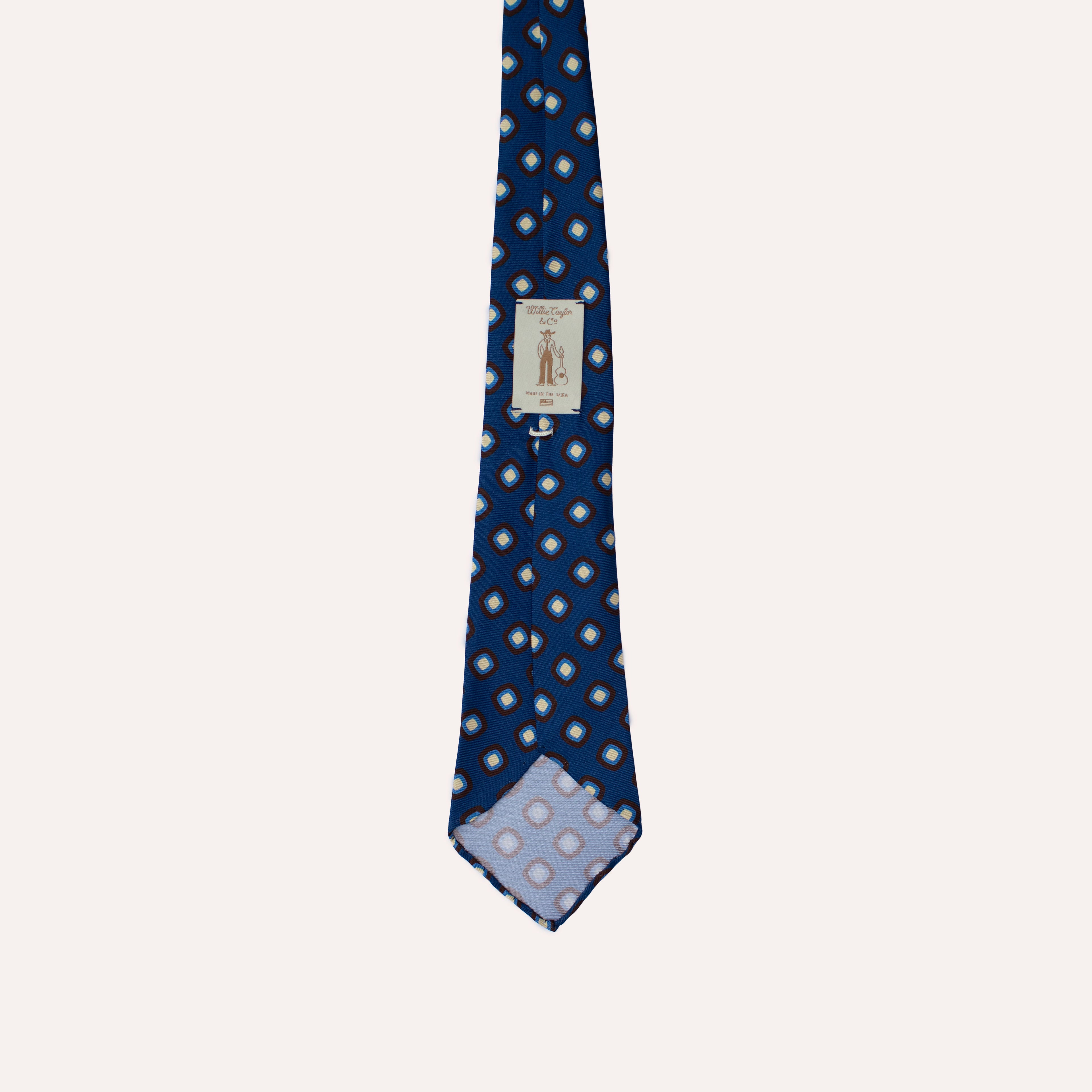 Corbata de seda laminada a mano de 36 oz con estampado cuadrado redondeado azul