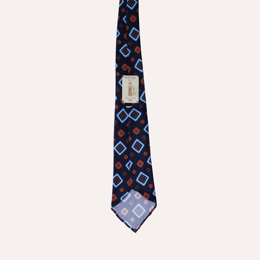 Corbata de seda laminada a mano de 36 oz con estampado cuadrado geométrico abstracto azul