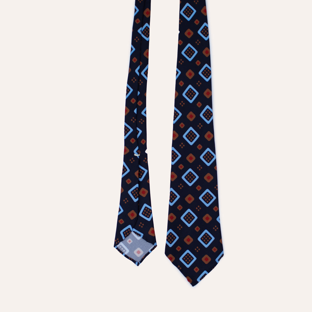 Corbata de seda laminada a mano de 36 oz con estampado cuadrado geométrico abstracto azul
