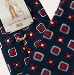 Dark Blue Flower Square Print 36oz Hand Rolled Silk Necktie