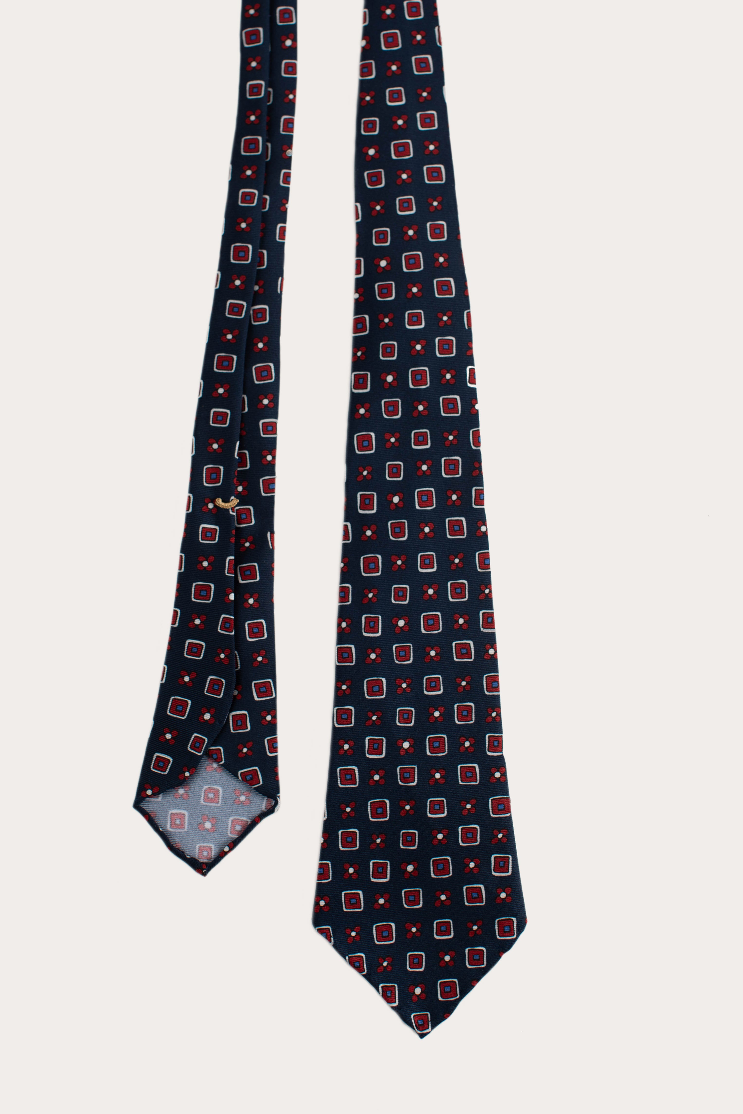 Dark Blue Flower Square Print 36oz Hand Rolled Silk Necktie