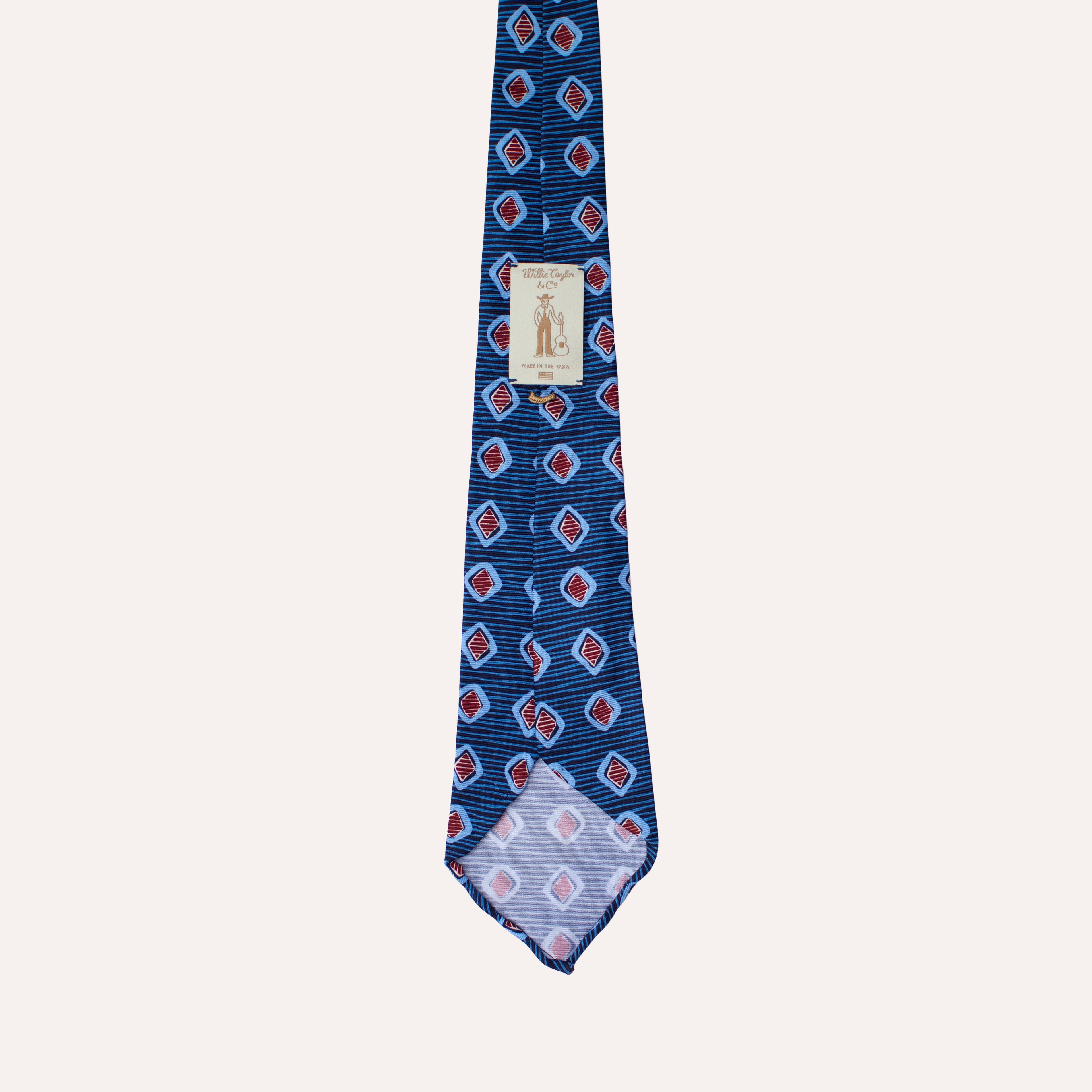Corbata de seda laminada a mano de 36 oz con estampado de rayas cuadradas rojas redondeadas en azul