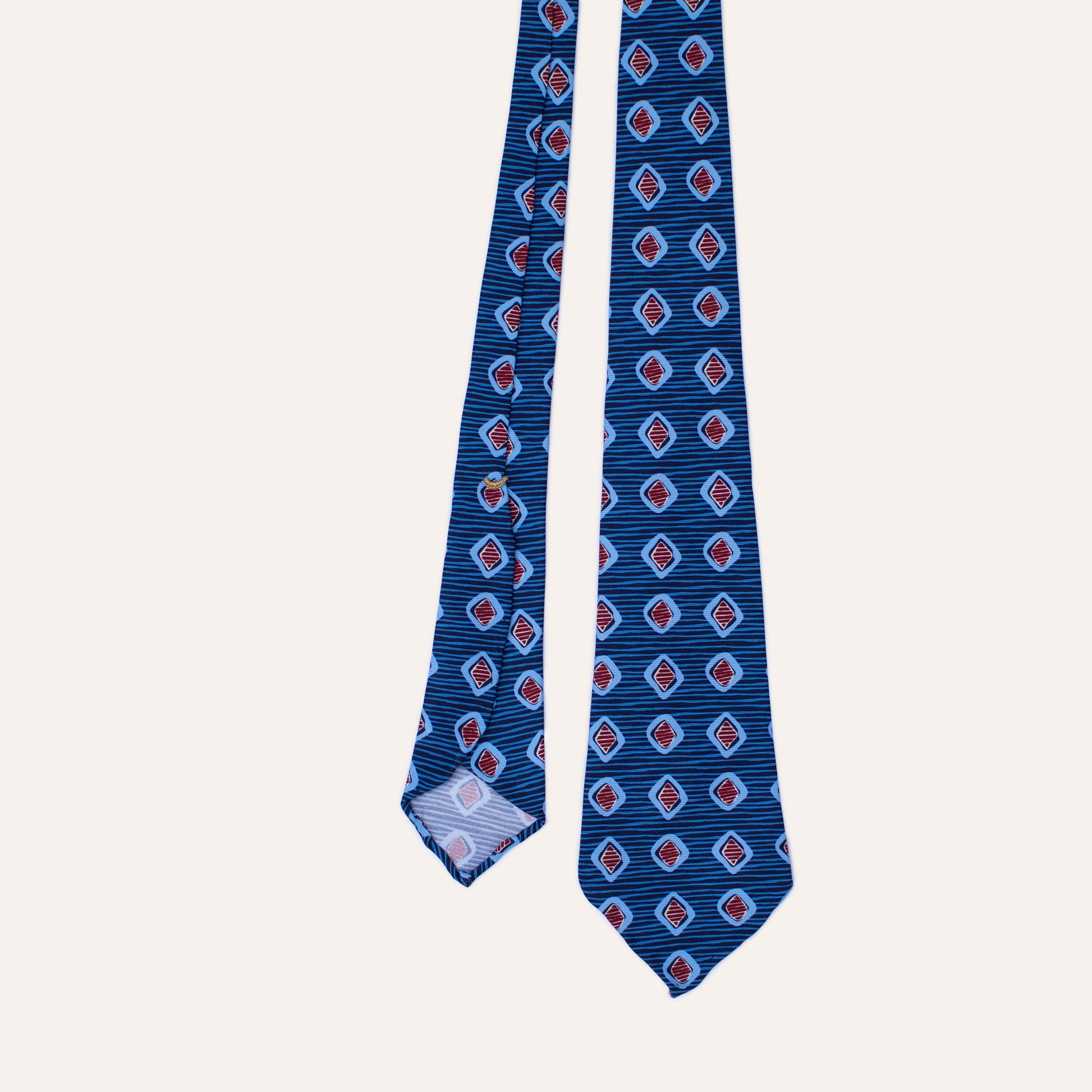 Corbata de seda laminada a mano de 36 oz con estampado de rayas cuadradas rojas redondeadas en azul
