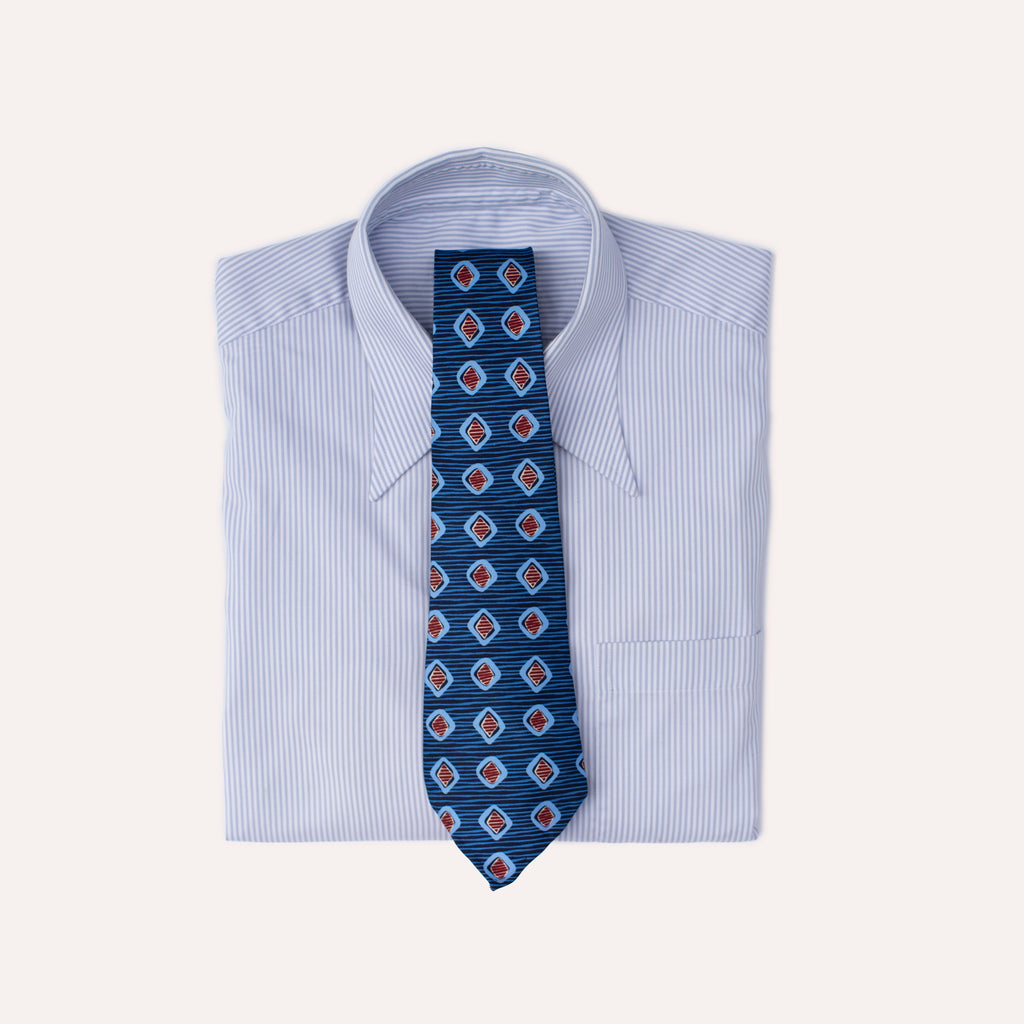 Corbata de seda laminada a mano de 36 oz con estampado de rayas cuadradas rojas redondeadas en azul
