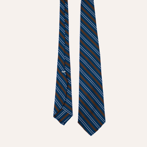 Corbata de seda Mogador enrollada a mano a rayas azules, blancas y marrones