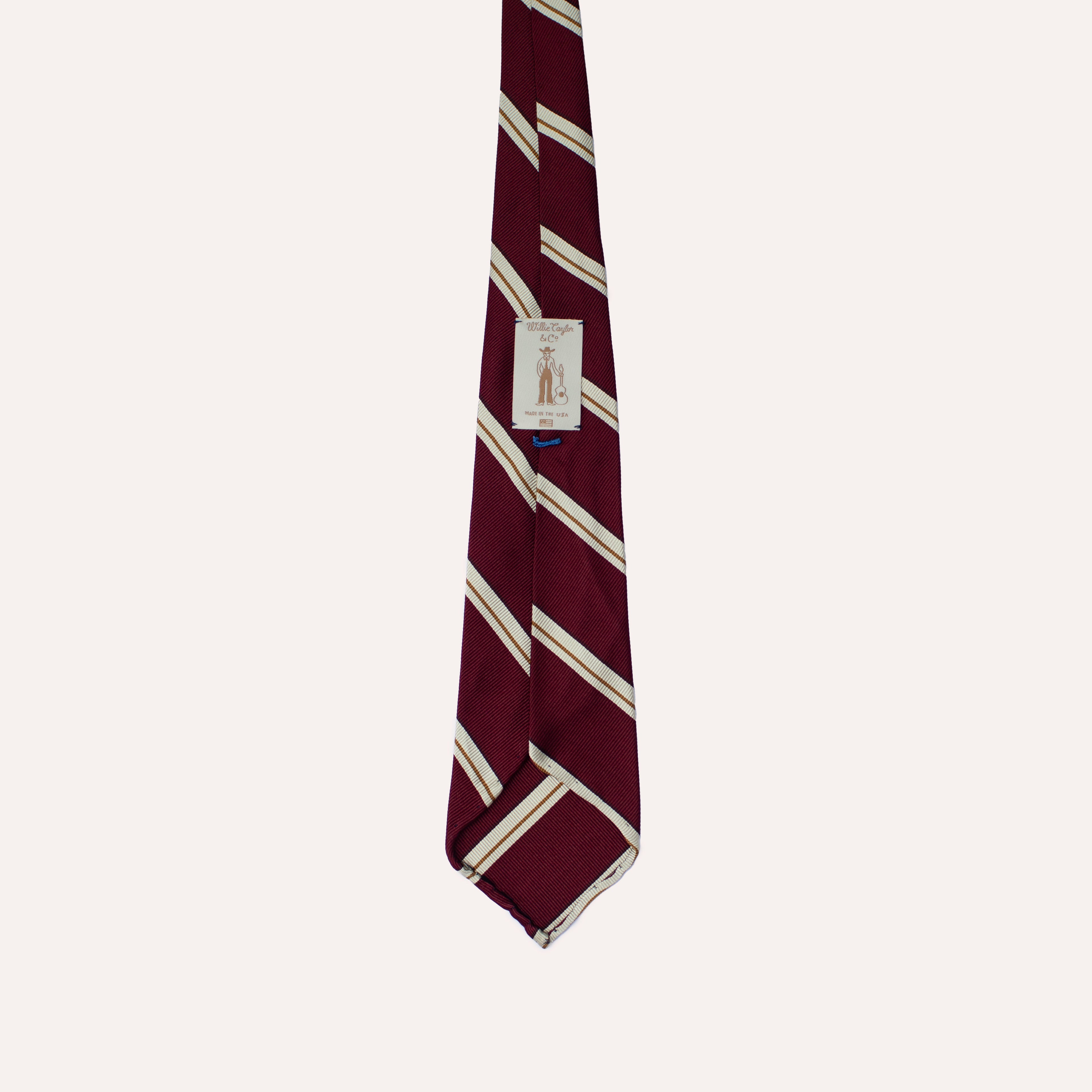 Corbata de seda laminada a mano con rayas Super Repp en rojo, crema y oro