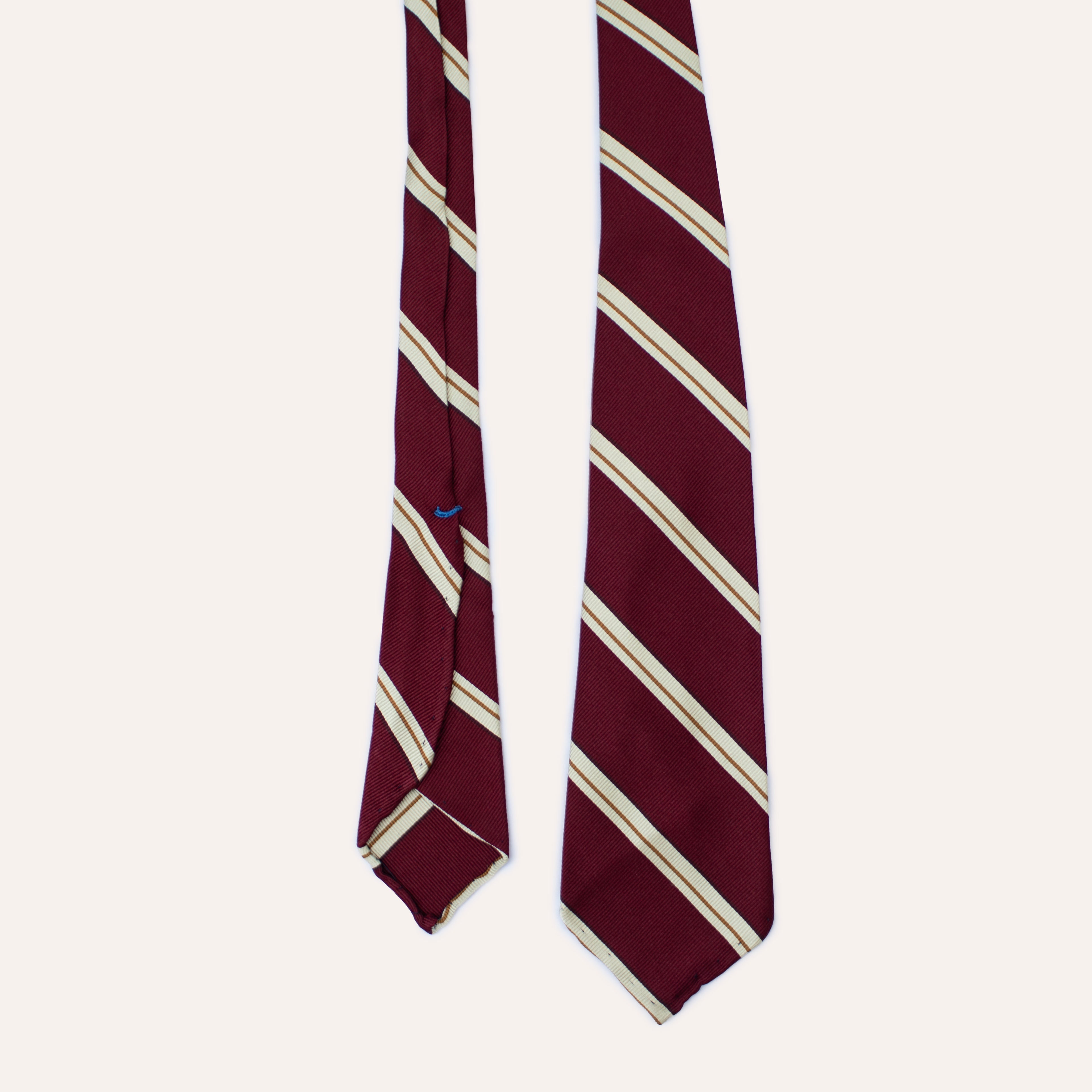 Corbata de seda laminada a mano con rayas Super Repp en rojo, crema y oro